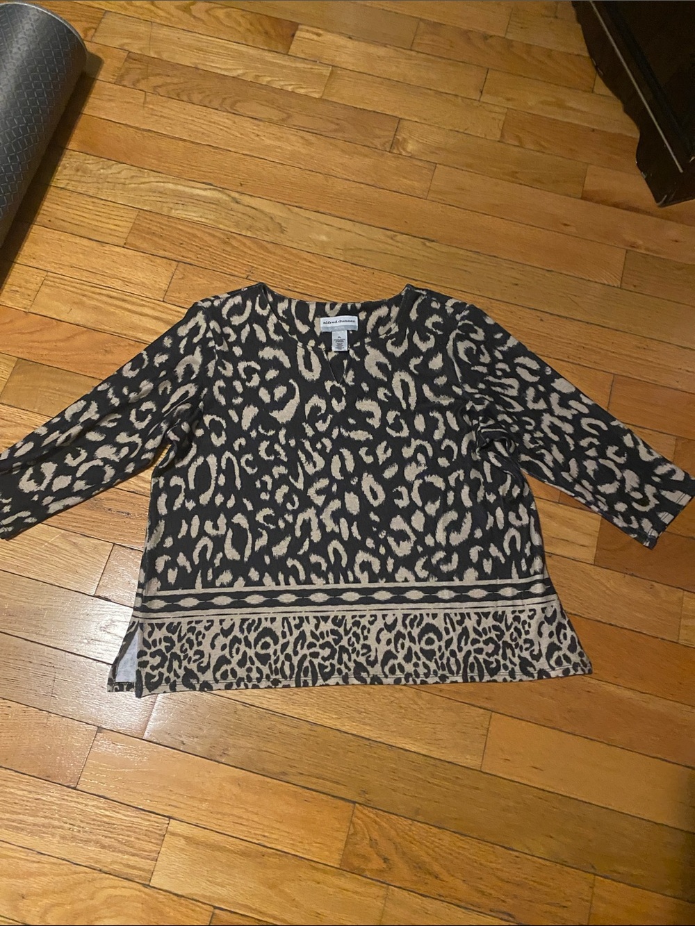 Alfred Dunner Black and Beige Leopard Print V-Neck Tunic